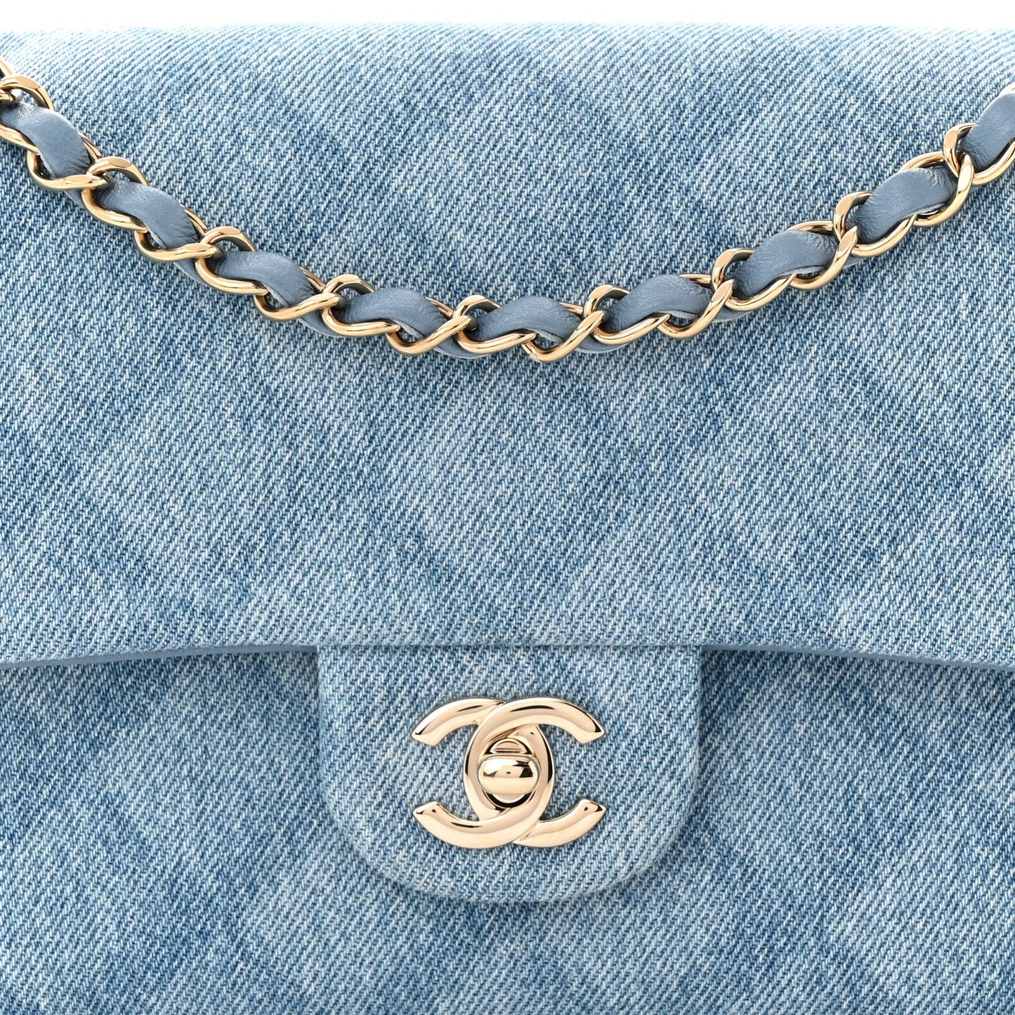 Printed Denim Quilted Medium Double Flap Light Blue