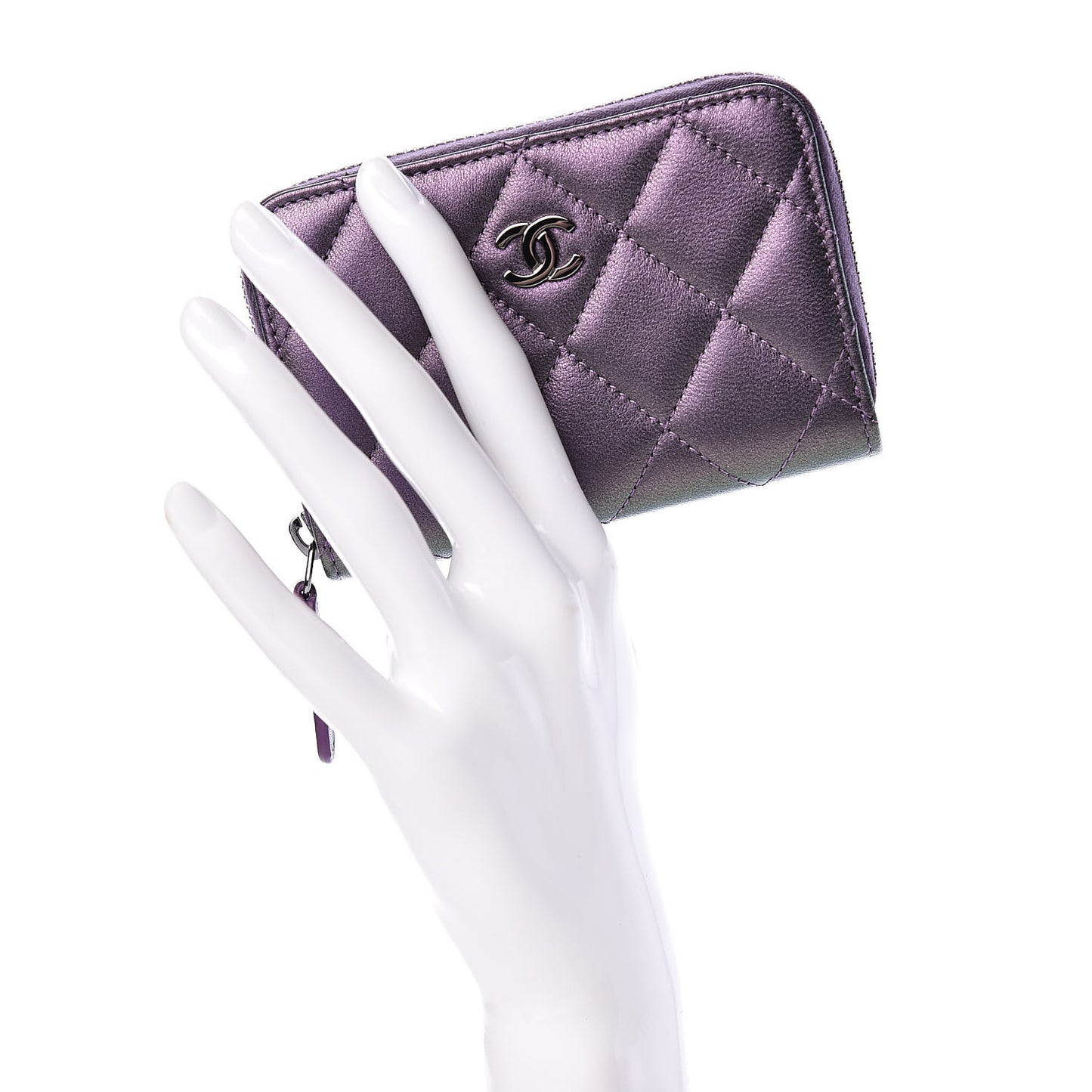 Metallic Lambskin Quilted Zip Around Coin Purse Wallet Dark Purple