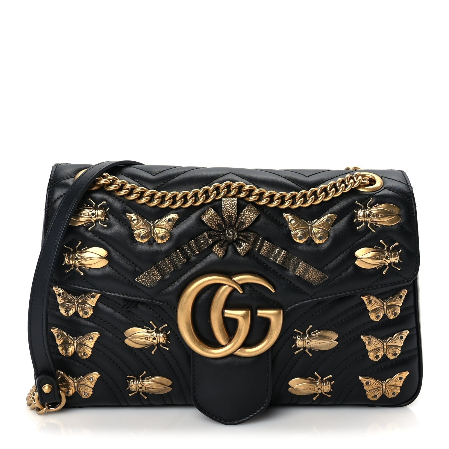 Gucci Calfskin Matelasse Animal Studs Medium GG Marmont Shoulder Bag  Black 1 of 9