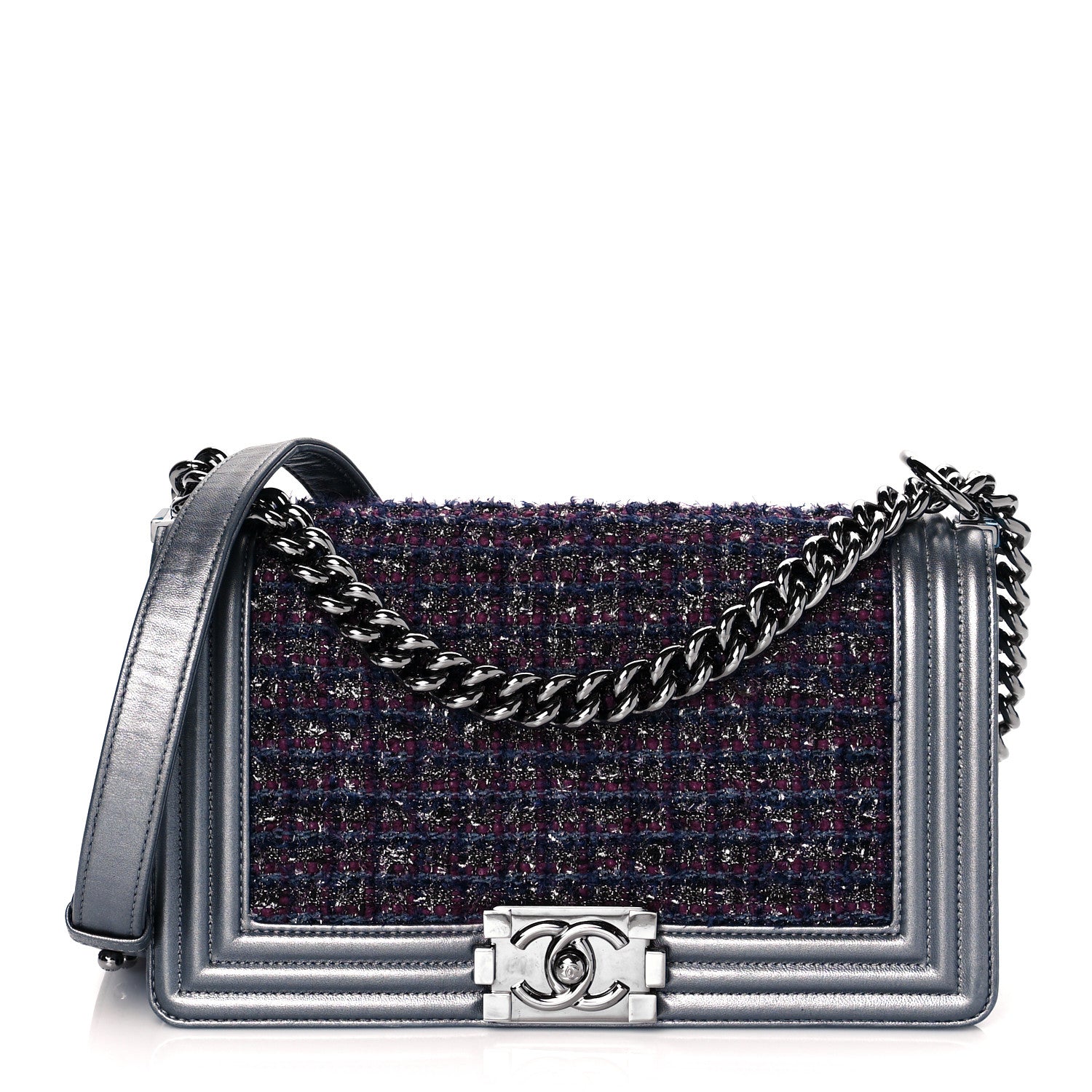 Chanel Tweed Metallic Lambskin Medium Boy Flap Silver 1 of 9