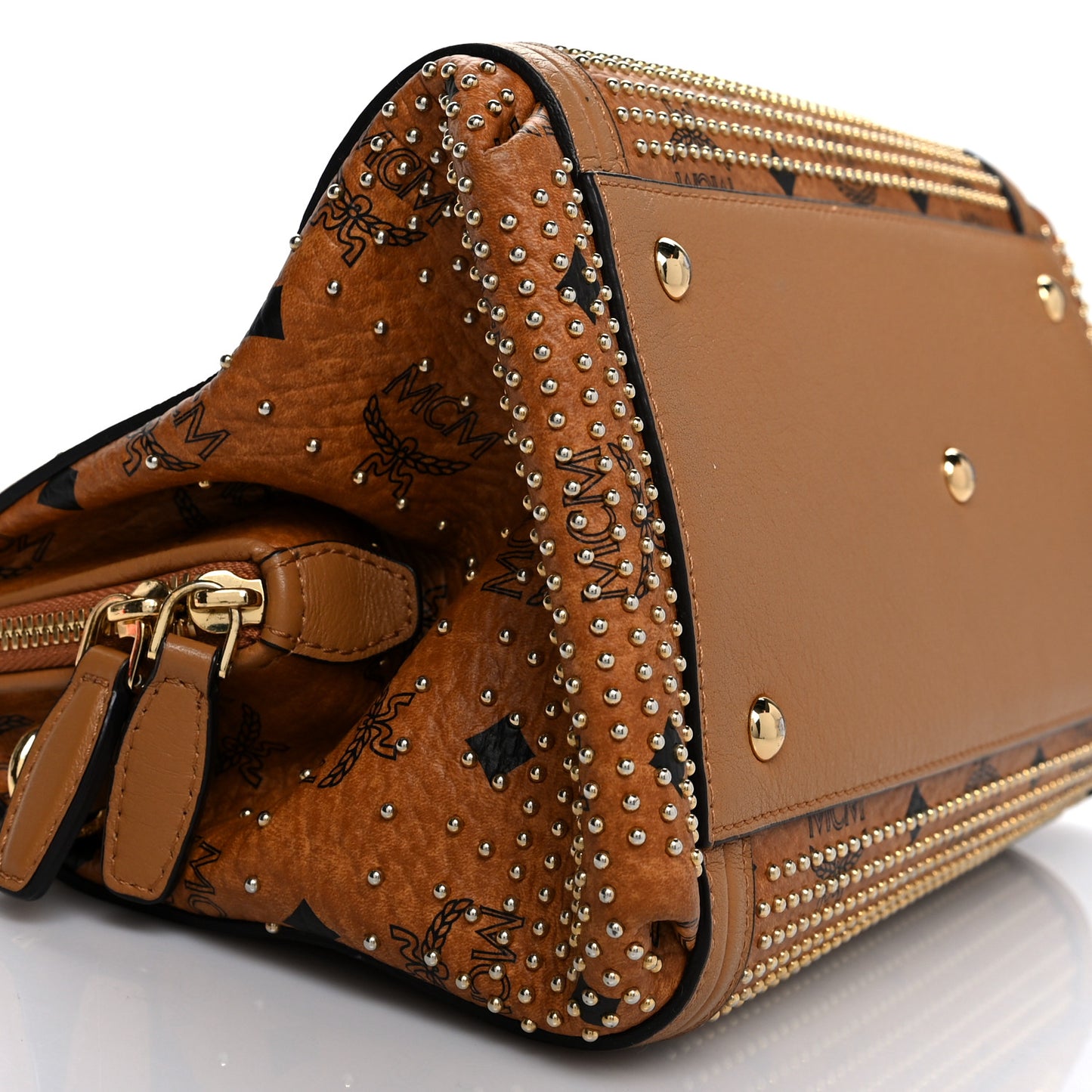 Visetos Studded Boston Satchel Cognac