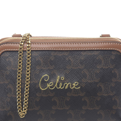 Celine Lambskin Triomphe Canvas Embroidered Logo Clutch With Chain Tan 10 of 10