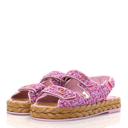 Chanel Tweed Patent Calfskin Velcro Dad Sandals 36 Light Purple Pink Red 4 of 7