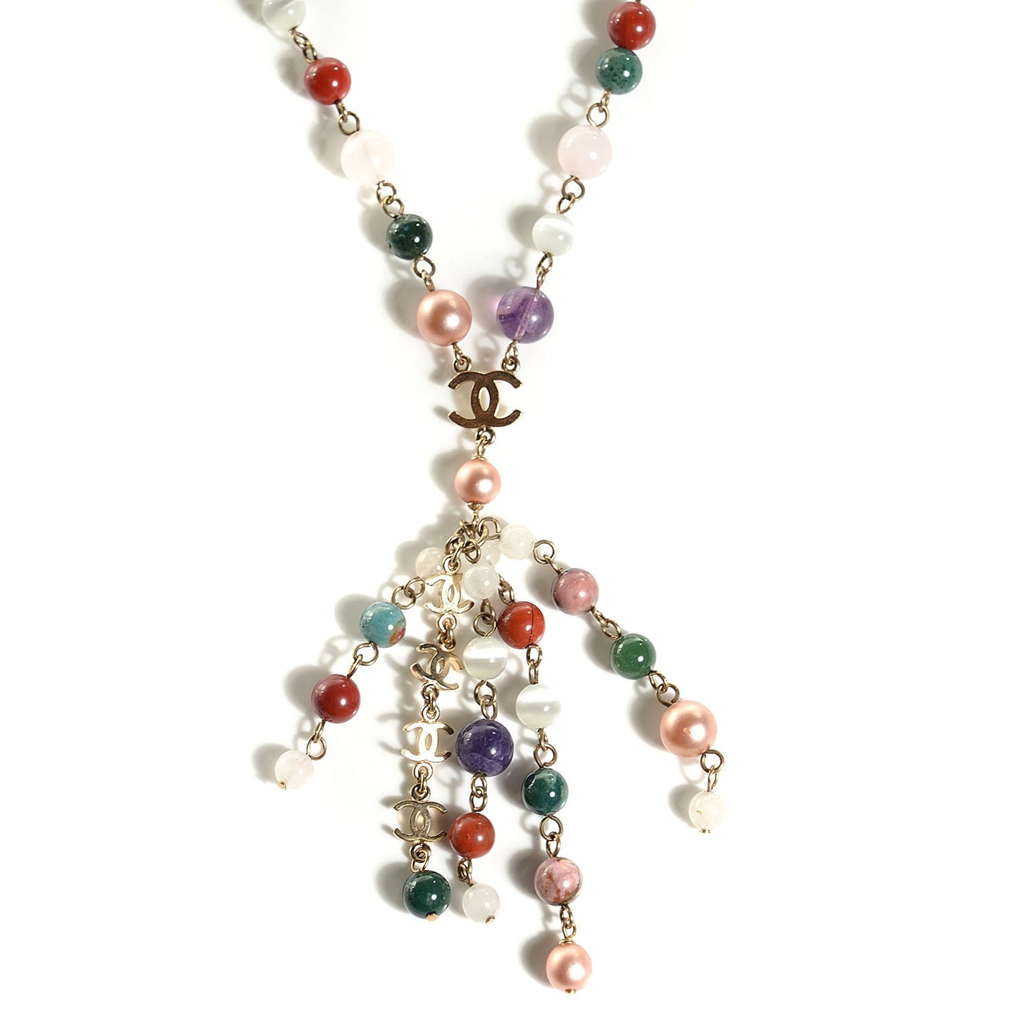 Beaded Pearl CC Long Strand Necklace Gold Multicolor