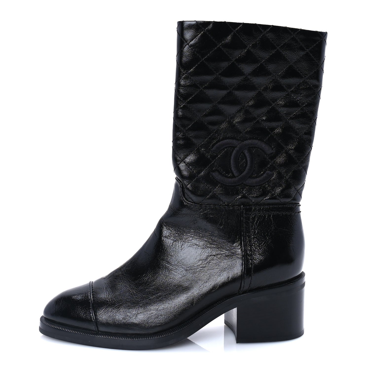 Chanel Shiny Crumpled Calfskin Quilted CC High Boots 37.5 Black 1 of 8