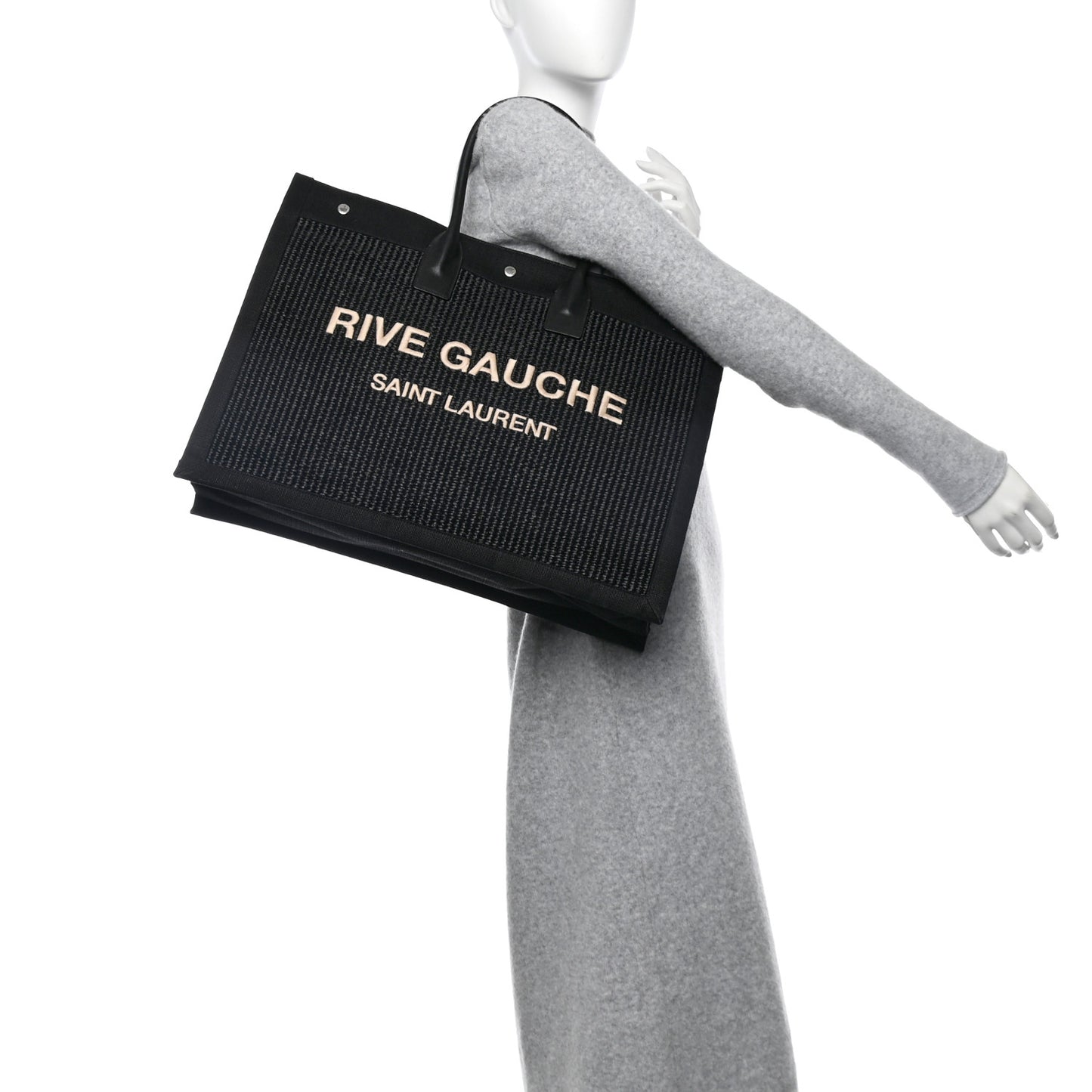 Raffia Linen Calfskin Rive Gauche Tote Black