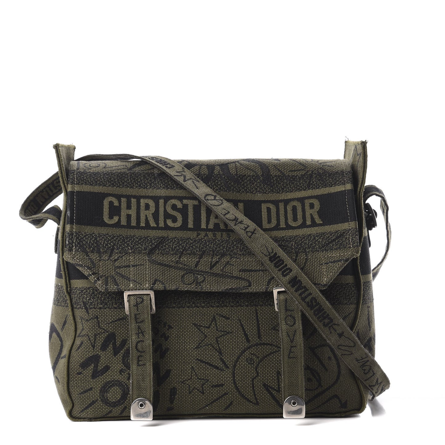 Canvas Embroidered Graffiti Diorcamp Messenger Green Black