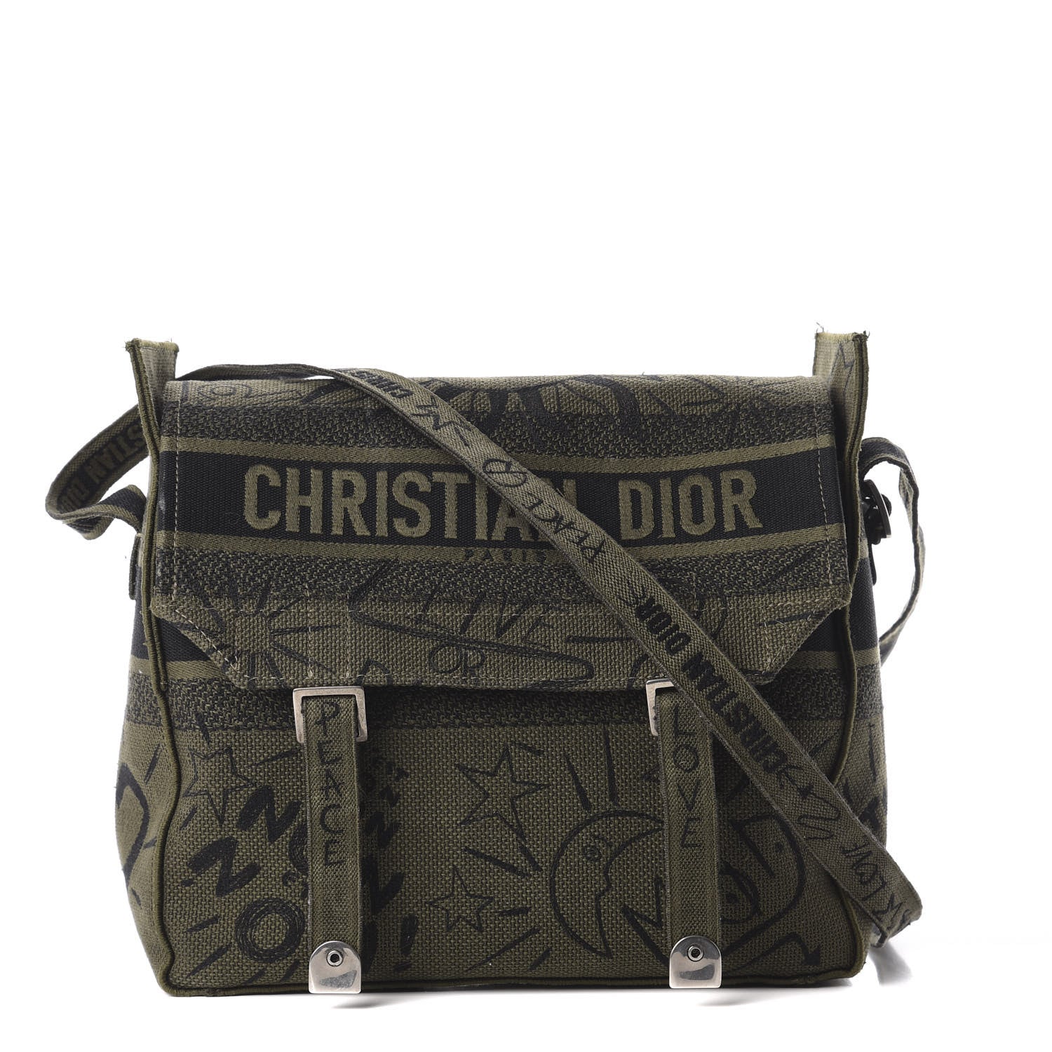 Christian Dior Canvas Embroidered Graffiti Diorcamp Messenger Green Black 1 of 8