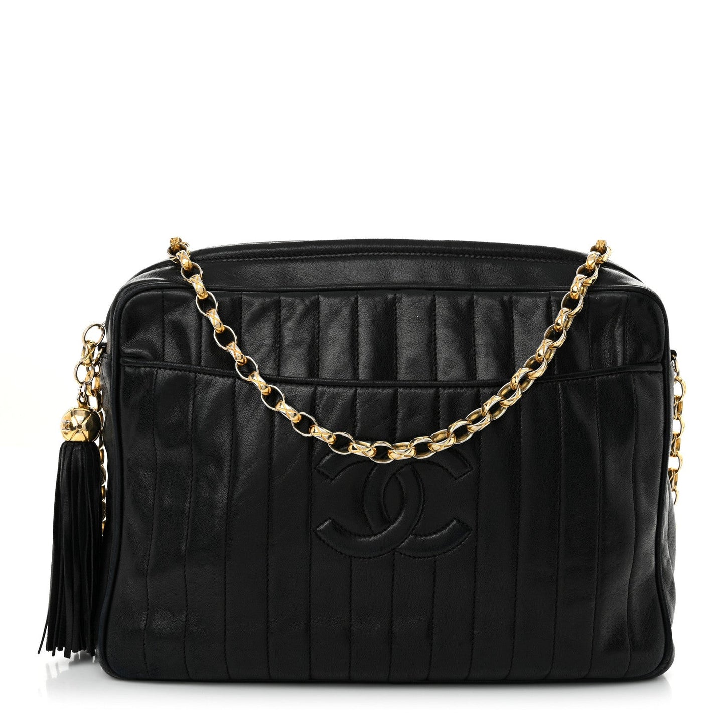 Lambskin Vertical Quilted Tassel Camera Case Black