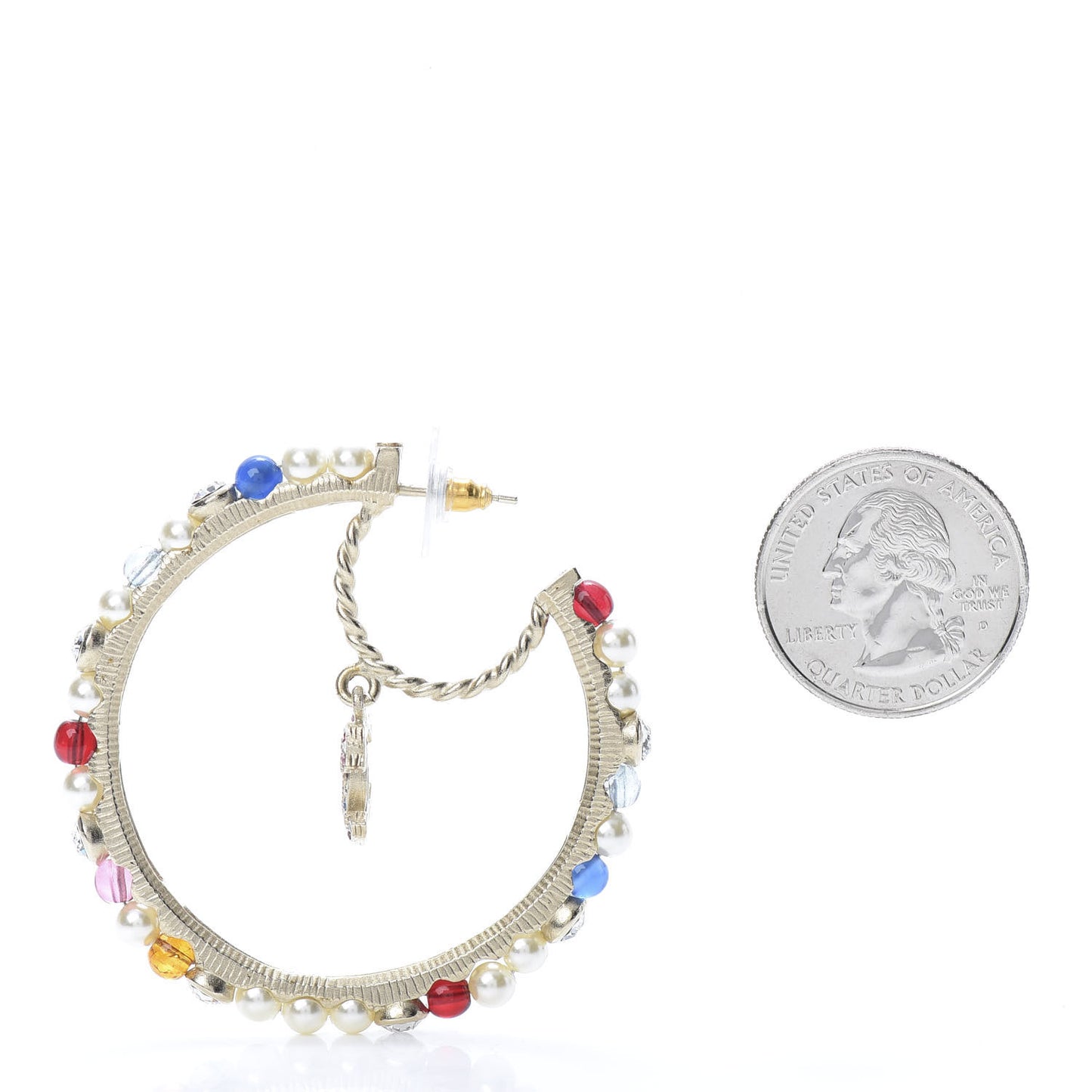 Crystal Pearl Bead CC Drop Hoop Earrings Gold Multicolor