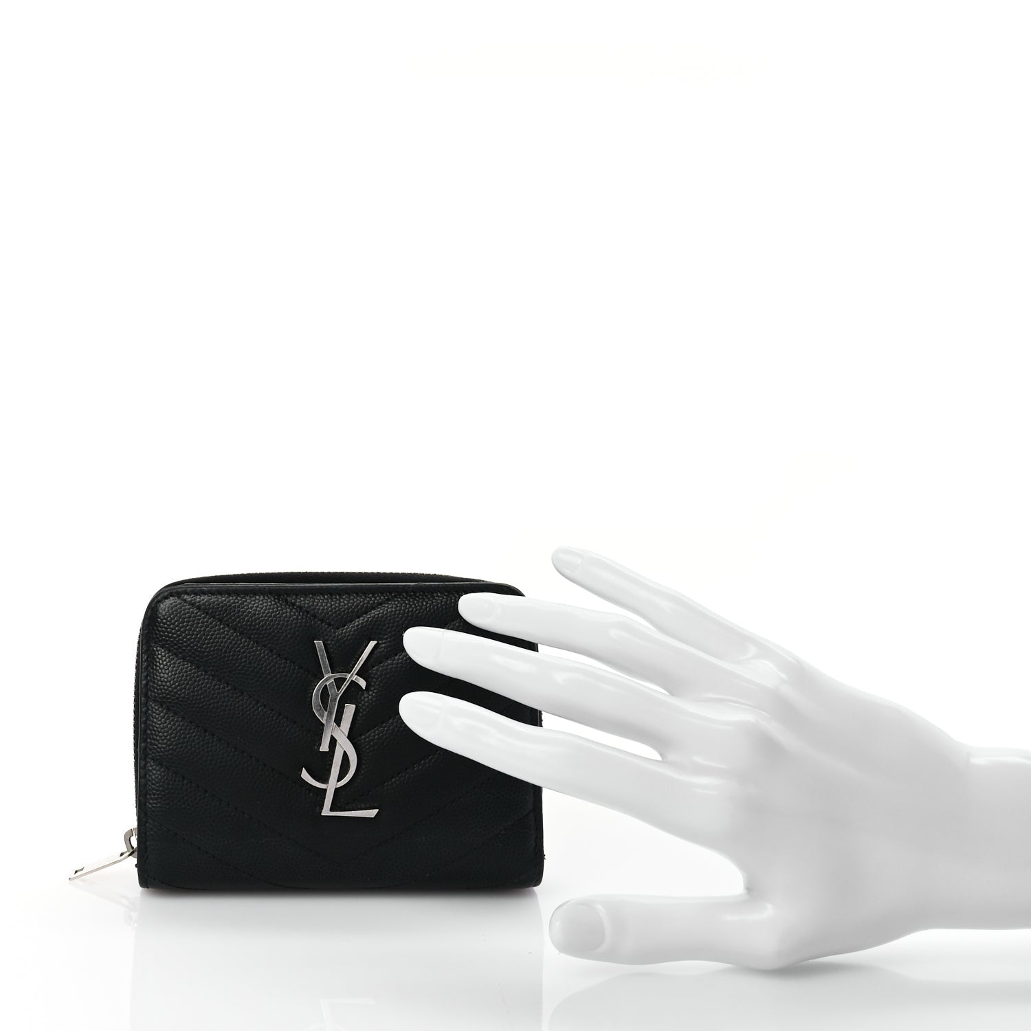 Saint Laurent Grain De Poudre Matelasse Chevron Monogram Compact Zip Around Wallet  Black 2 of 7