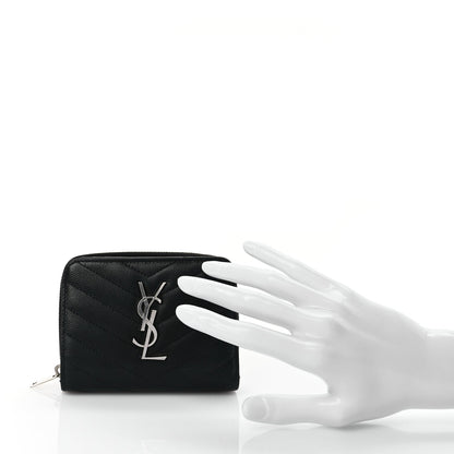 Saint Laurent Grain De Poudre Matelasse Chevron Monogram Compact Zip Around Wallet  Black 2 of 7