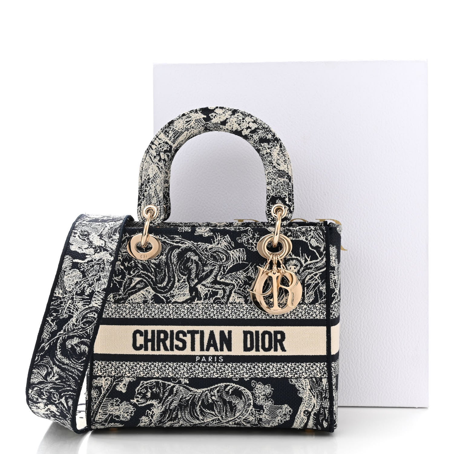 Christian Dior Canvas Toile De Jouy Reverse Embroidered Medium Lady D-Lite Navy 11 of 11