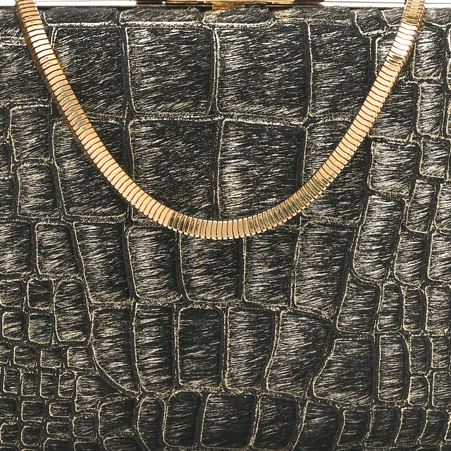 Ponyhair Crocodile Print Clutch Black Gold