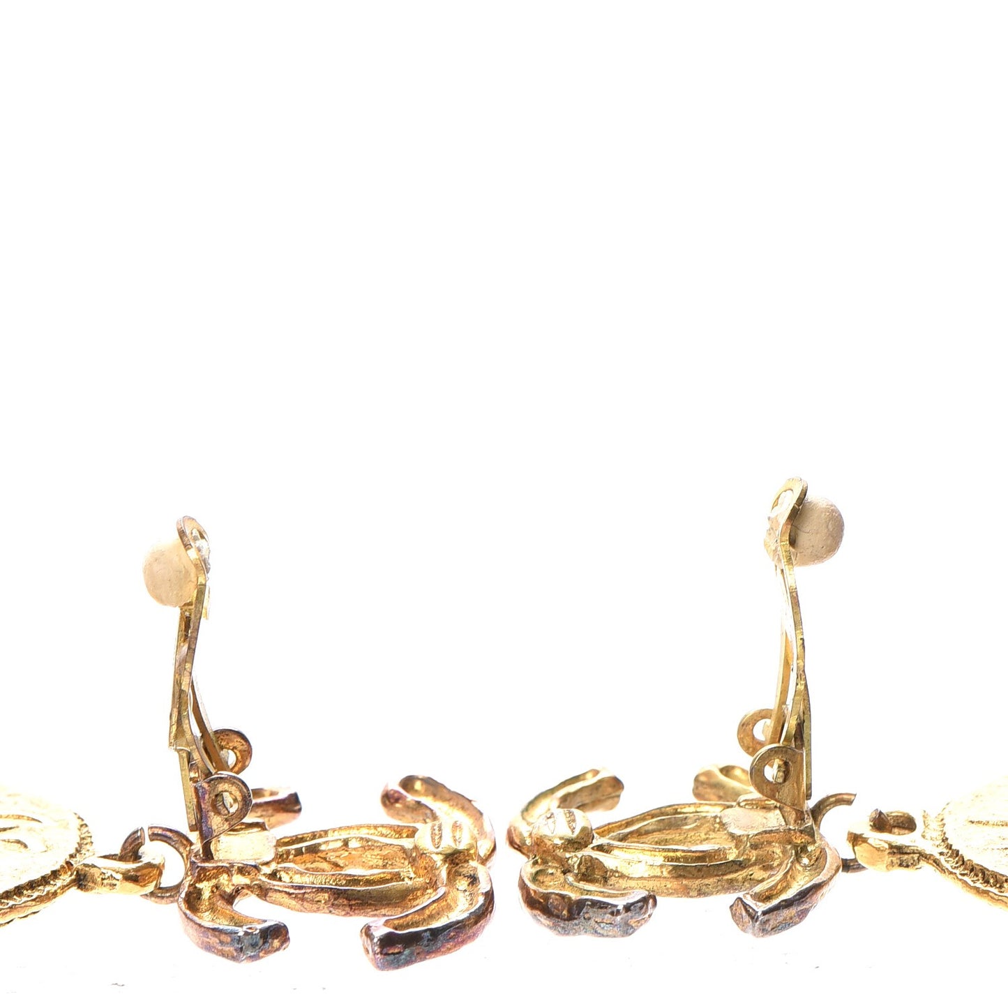 Hammered Medallion CC Dangle Clip On Earrings Gold