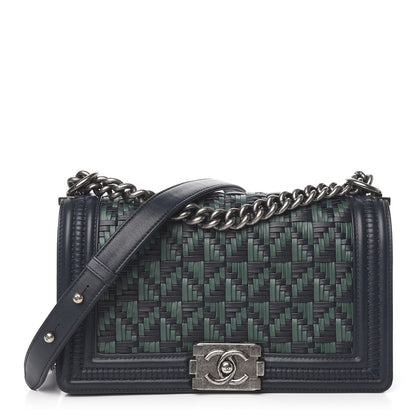 Chanel Calfskin Woven Medium Boy Flap Navy Green 1 of 11