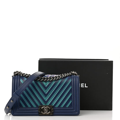 Chanel Calfskin Painted Chevron Embossed Medium Boy Flap Navy 11 of 11