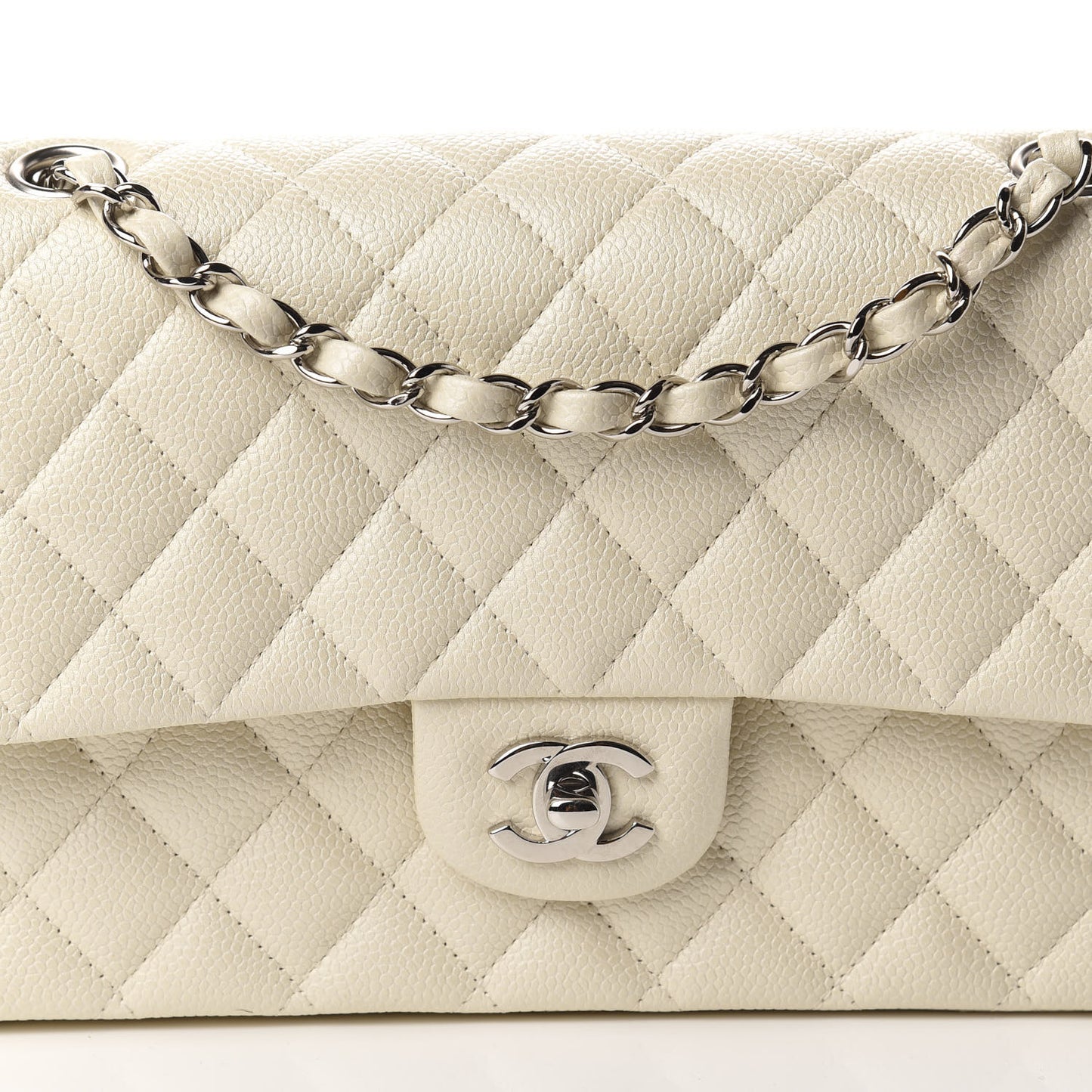 Caviar Quilted Medium Double Flap White