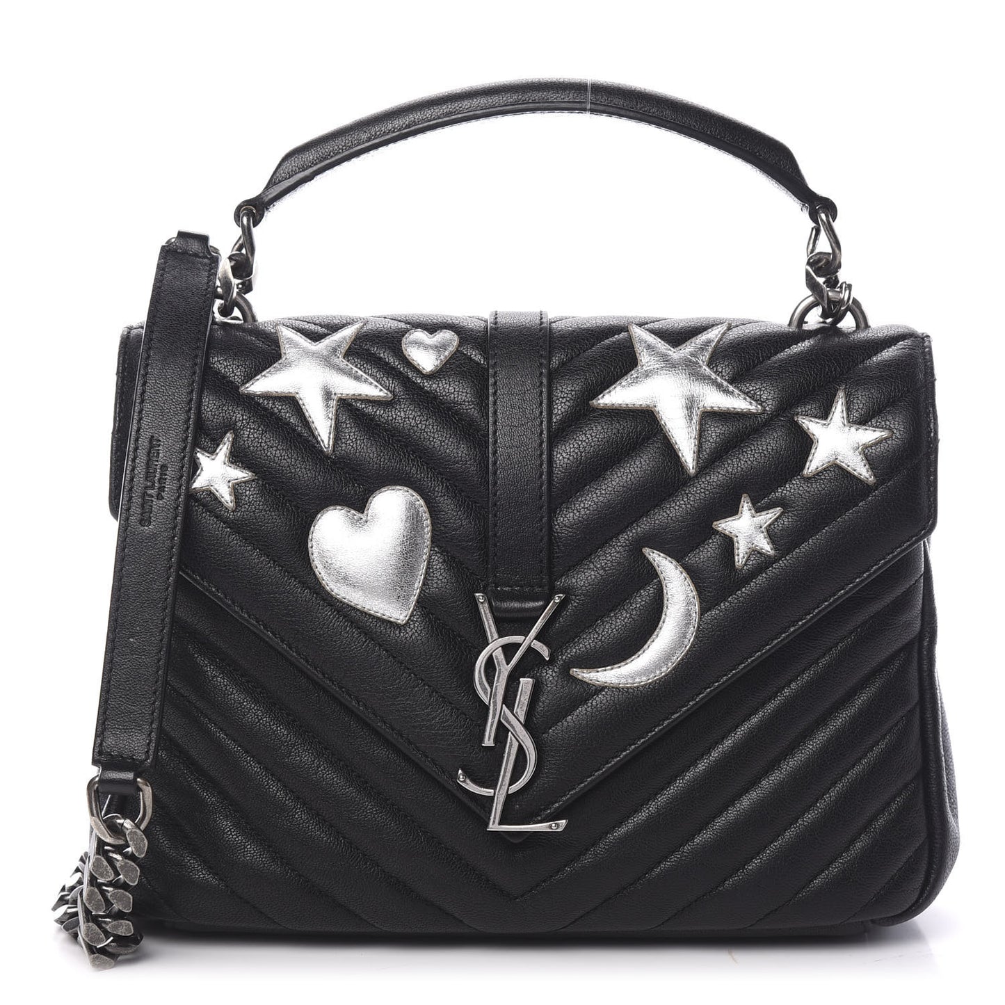 Sheepskin Matelasse Chevron Patchwork Monogram Medium College Bag Black