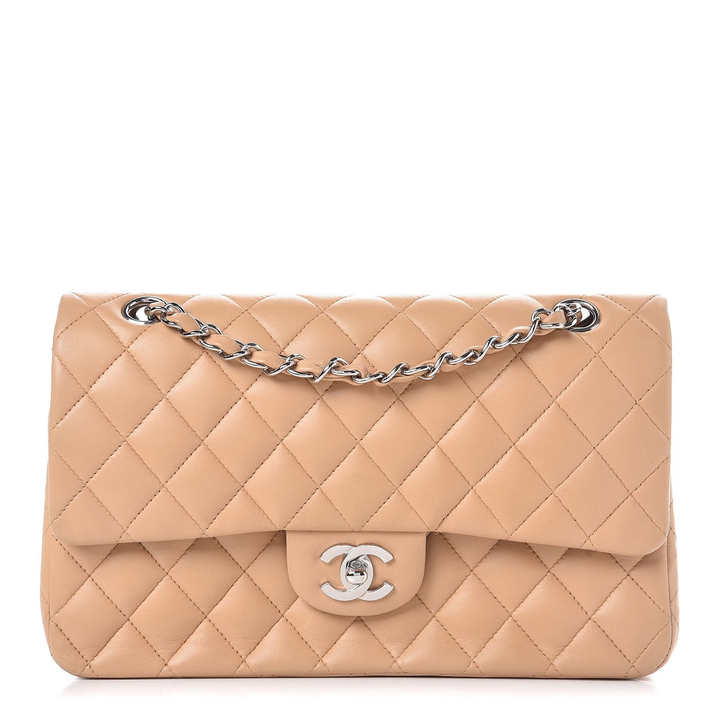 Lambskin Quilted Medium Double Flap Beige