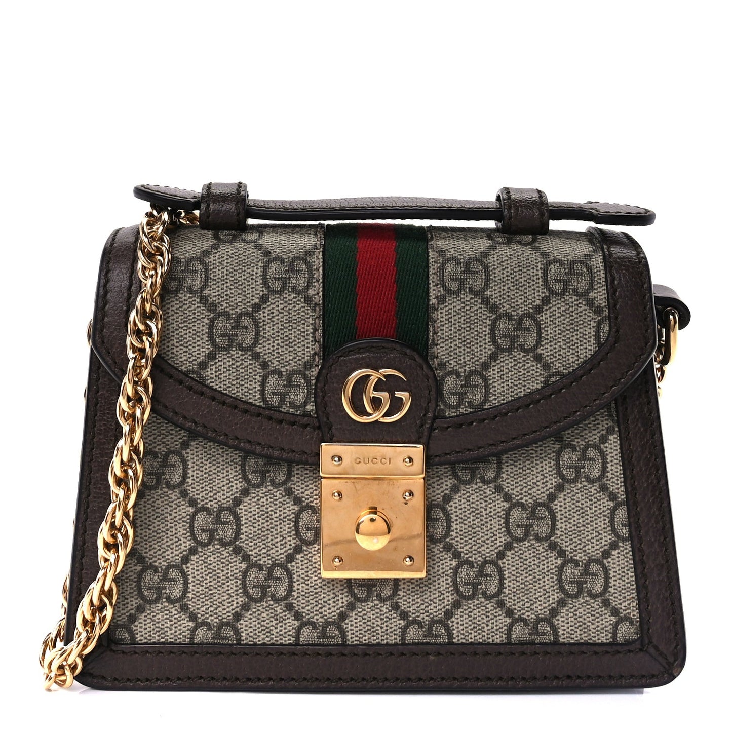 GG Supreme Monogram Textured Dollar Calfskin Web Mini Ophidia Padlock Top Handle Chain Shoulder Bag Beige Ebony New Acero