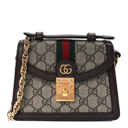 Gucci GG Supreme Monogram Textured Dollar Calfskin Web Mini Ophidia Padlock Top Handle Chain Shoulder Bag Beige Ebony New Acero 2 of 10