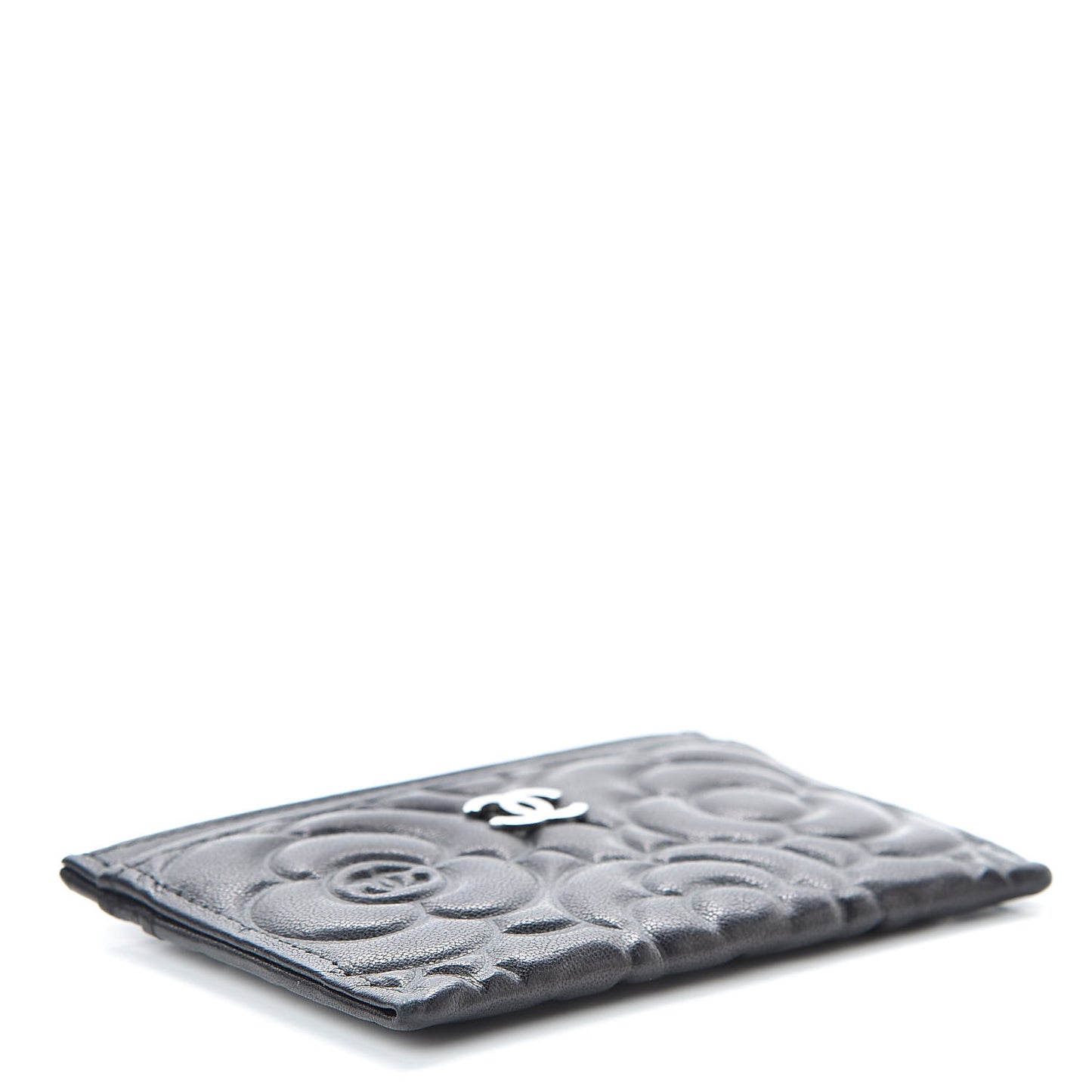 Lambskin Camellia Embossed Card Holder Black