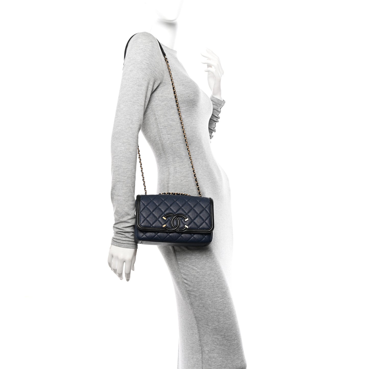 Caviar Quilted Small CC Filigree Flap Navy Black