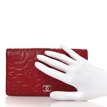 Chanel Lambskin Camellia Embossed Yen Wallet Dark Red 2 of 9