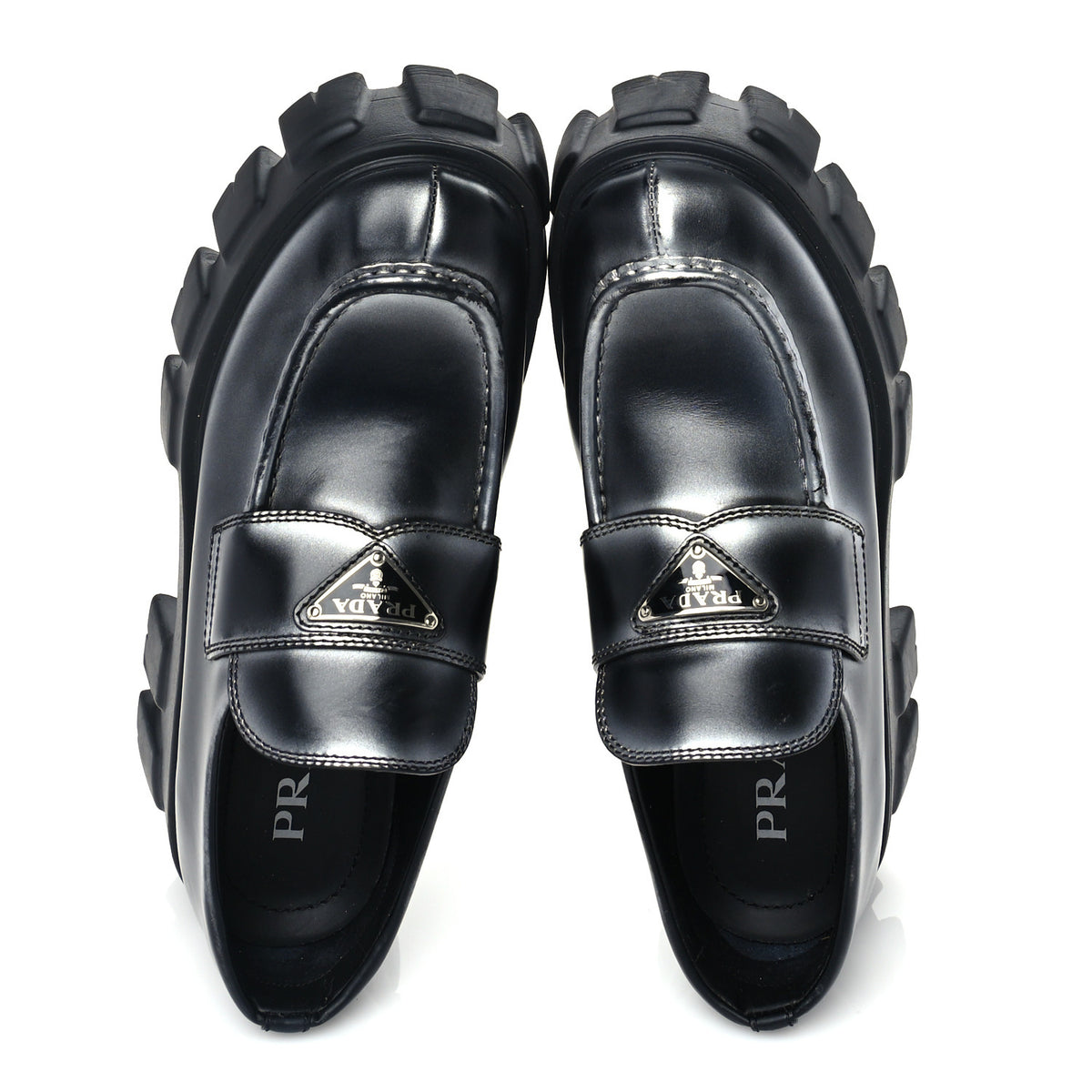 Prada Spazzolato Triangle Logo Monolith Pointy 55mm Loafers 38.5 Silver Black 2 of 8