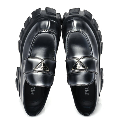 Prada Spazzolato Triangle Logo Monolith Pointy 55mm Loafers 38.5 Silver Black 2 of 8