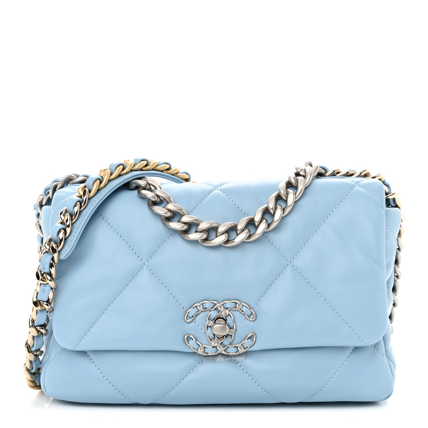 Shiny Lambskin Quilted Medium Chanel 19 Flap Light Blue
