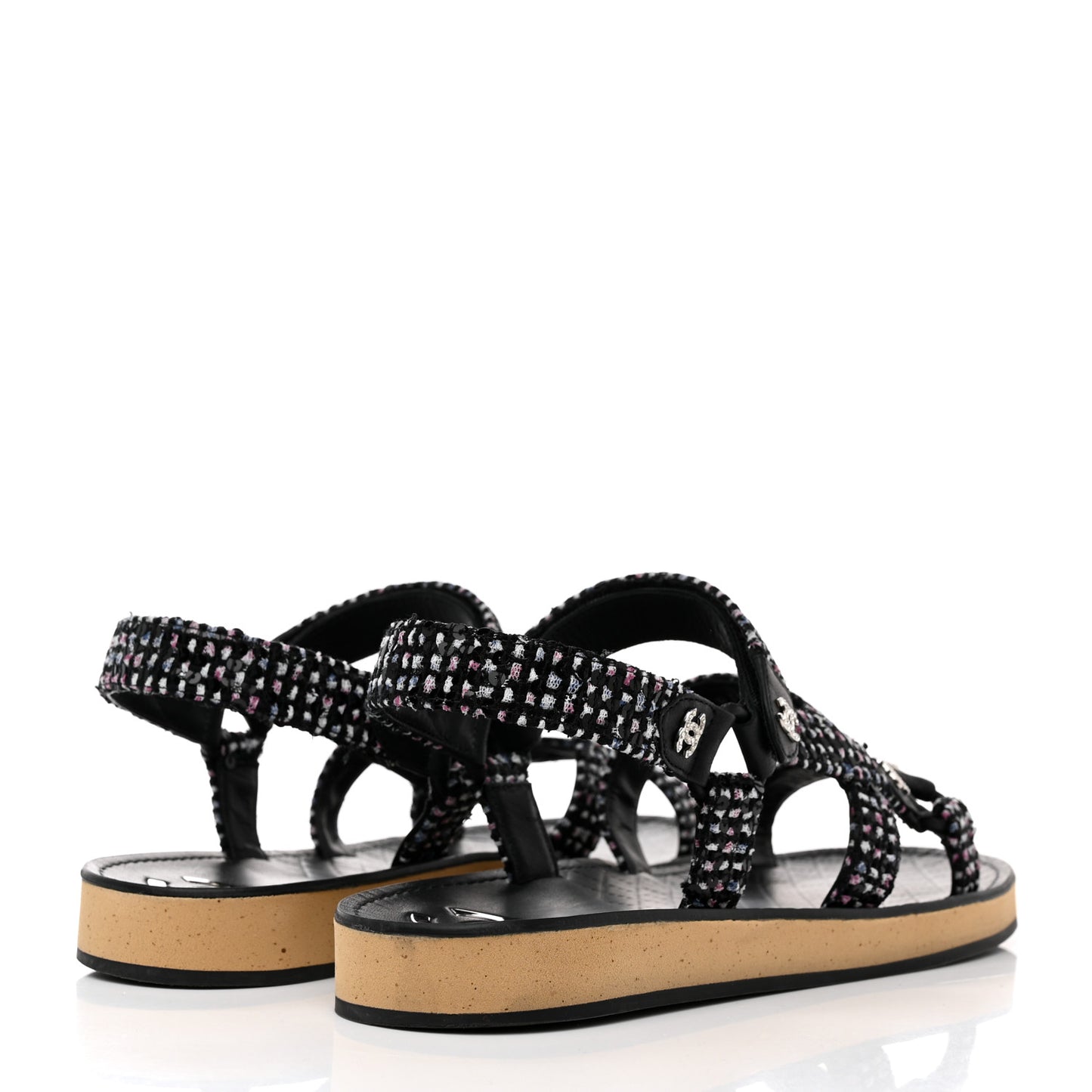 Tweed Lambskin Crystal CC Sandals 41 Black Multicolor