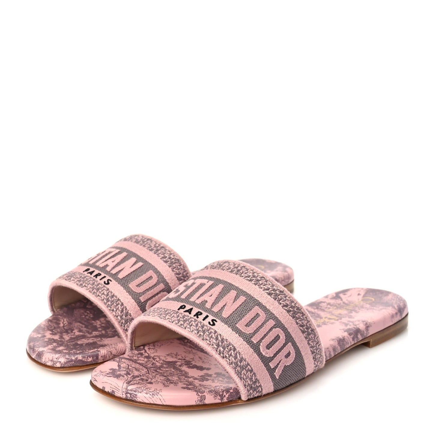Canvas Toile De Jouy Embroidered Dway Flat Slide Sandals 35.5 Chateau Rose