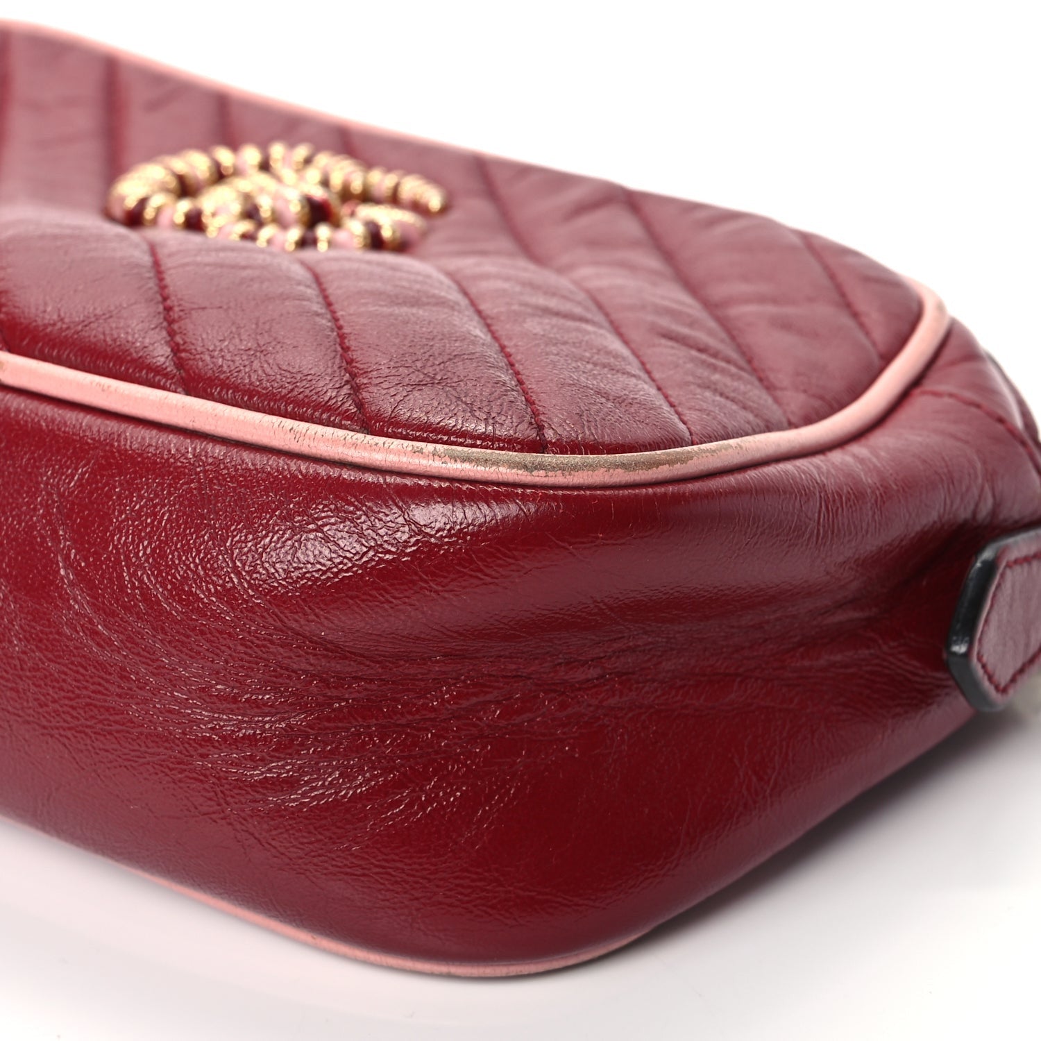 Gucci Azalea Calfskin Enamel Matelasse Diagonal Small Torchon GG Marmont Chain Shoulder Bag New Cherry Red Wild Rose 10 of 14