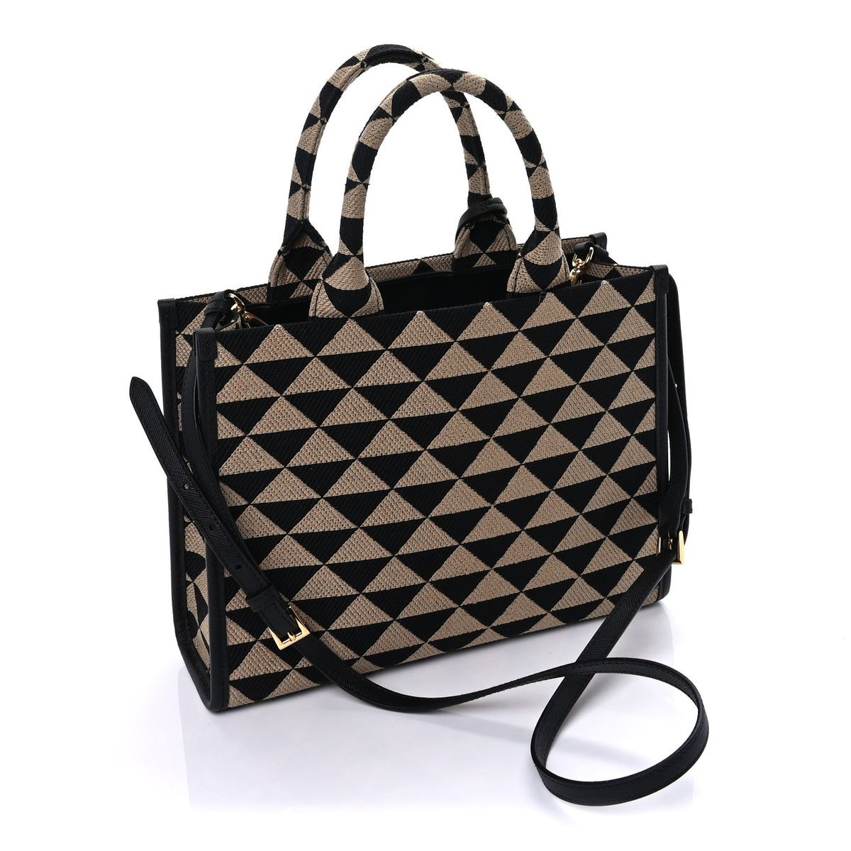 Jacquard Saffiano Triangolo Symbole Embroidered Small Tote Black Corda Beige