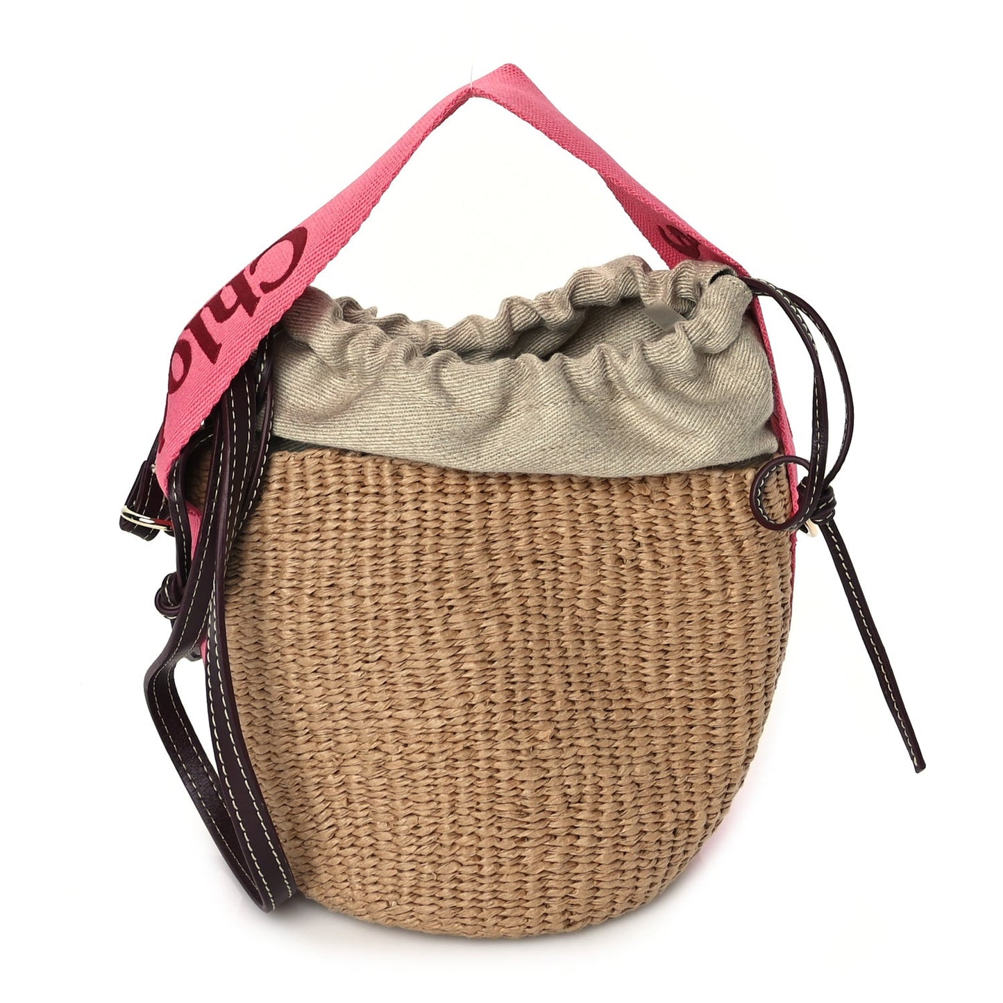 X MIFUKO Raffia Calfskin Small Woody Basket Pink Red