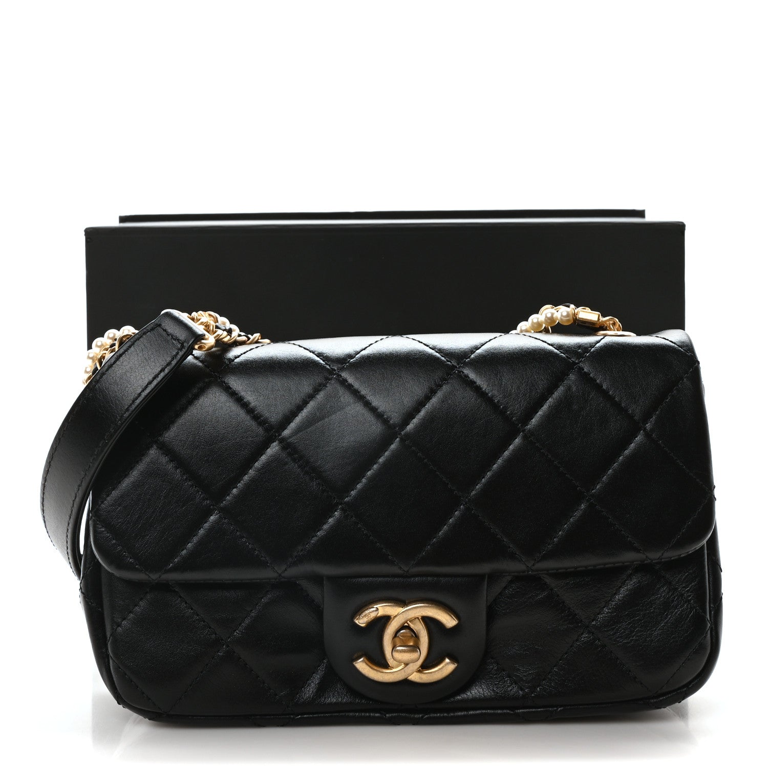 Chanel Calfskin Quilted Mini Rectangular Crystal Pearls Chain Flap Black 11 of 11