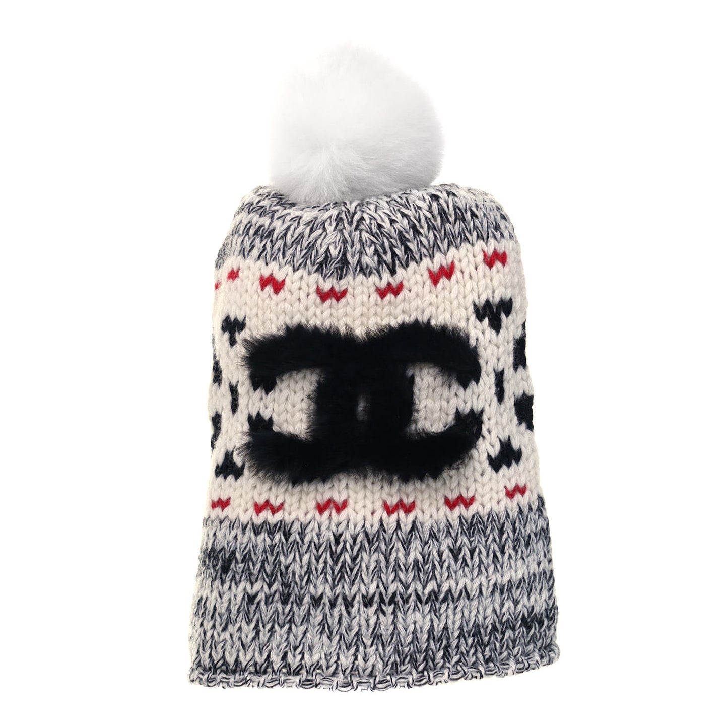 Wool Shearling CC Beanie Hat Ivory Black Red
