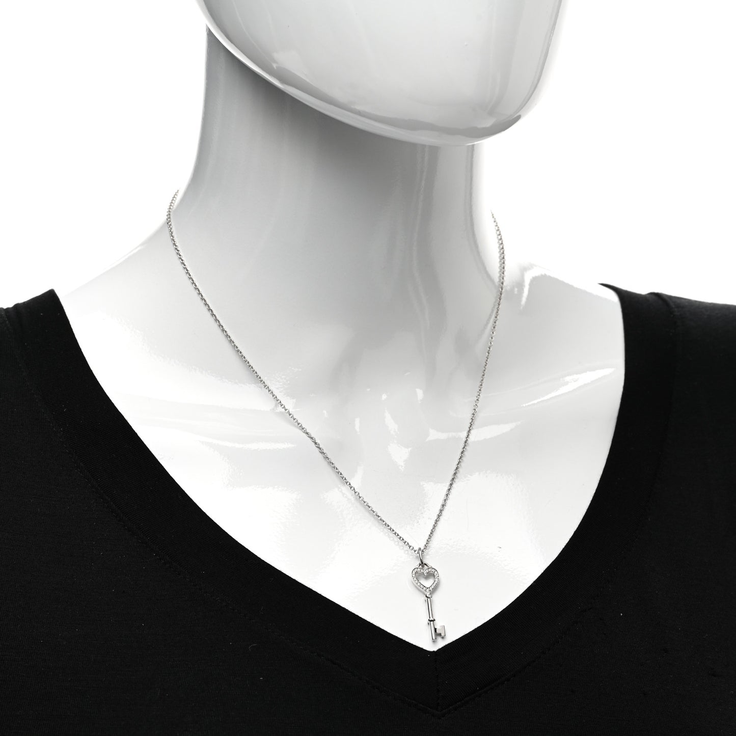 18K White Gold Diamond Mini Heart Key Charm Pendant Link Necklace