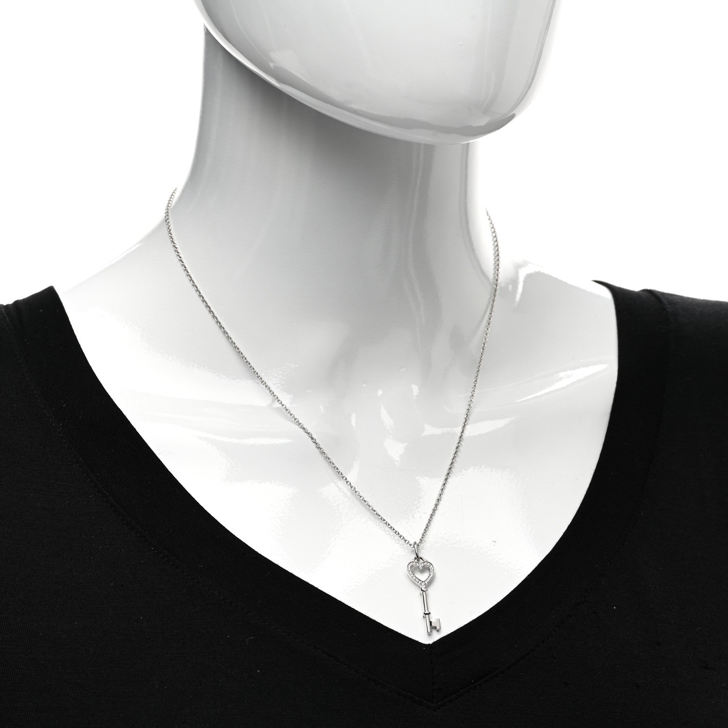 Tiffany 18K White Gold Diamond Mini Heart Key Charm Pendant Link Necklace 2 of 5