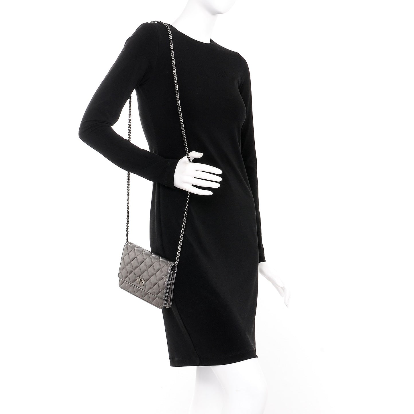 Metallic Lambskin Quilted Reissue Wallet On Chain WOC Dark Silver