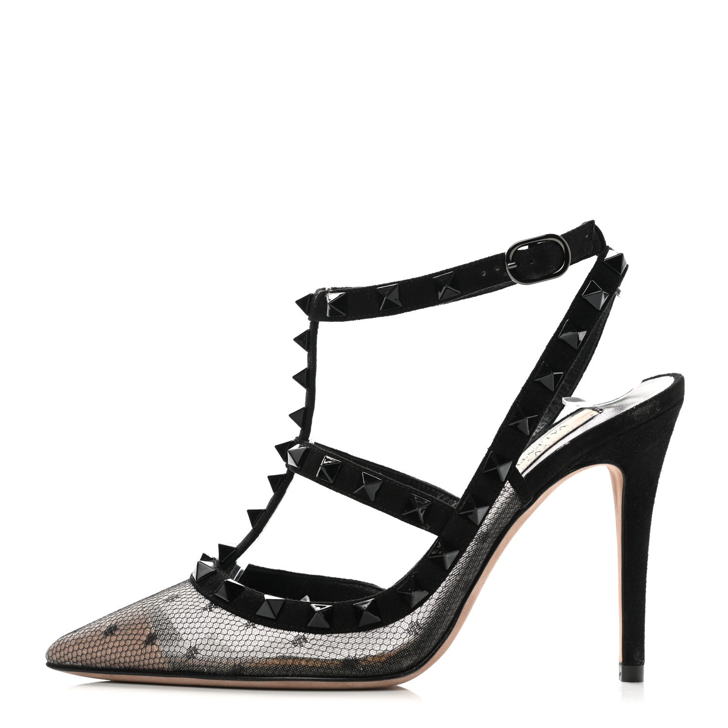 Valentino Garavani Mesh Point d'Esprit Suede Rockstud Ankle Strap 100mm Pumps 35 Black 1 of 8