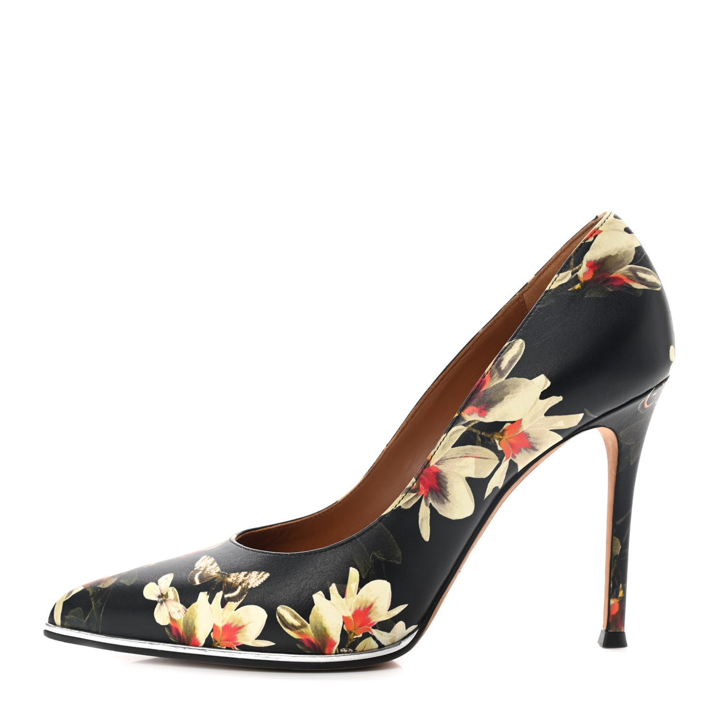 Calfskin Floral Print Pointed Toe Pumps 37 Black Multicolor