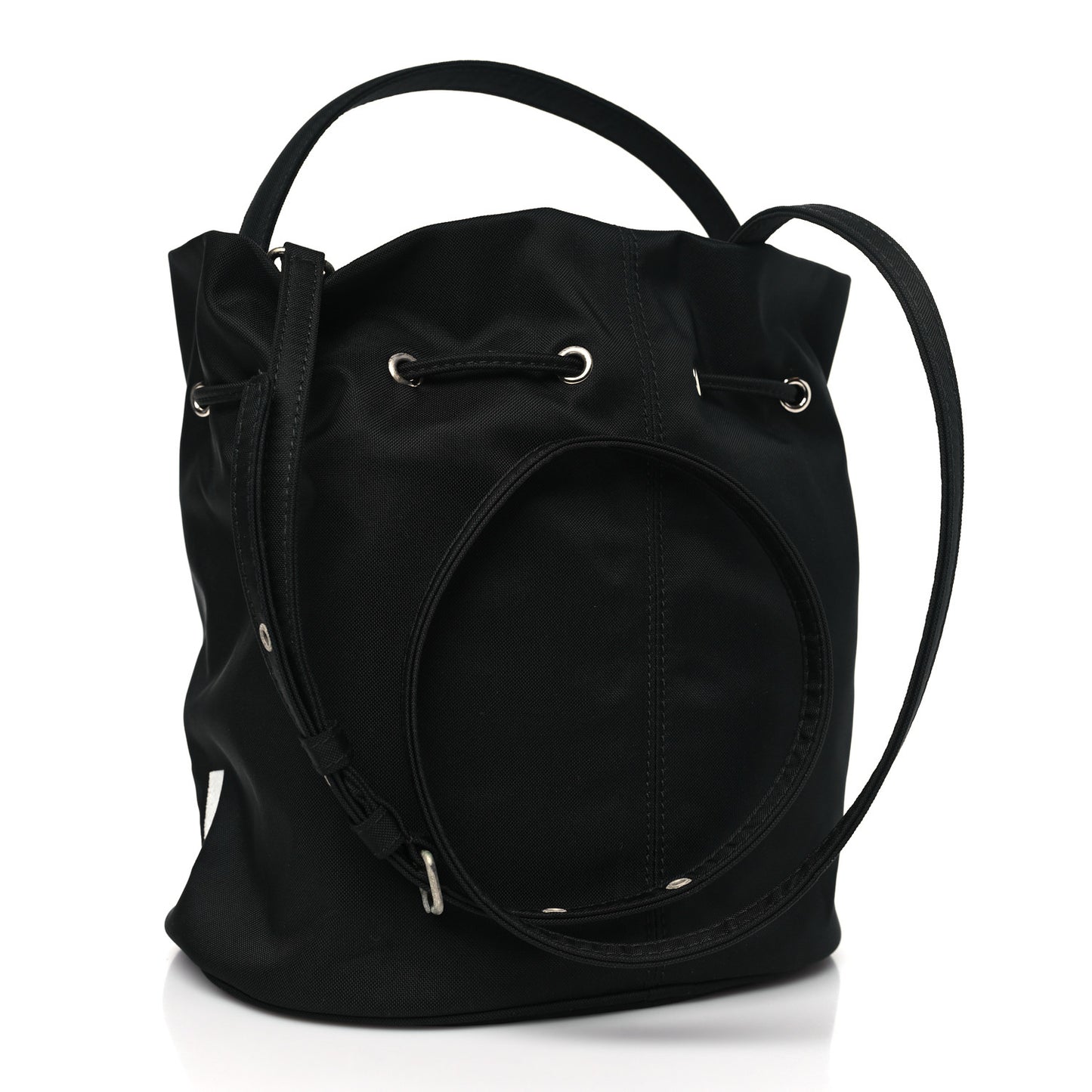 Recycled Sport Nylon Logo Embroidered Small Wheel Drawstring Bucket Bag Black