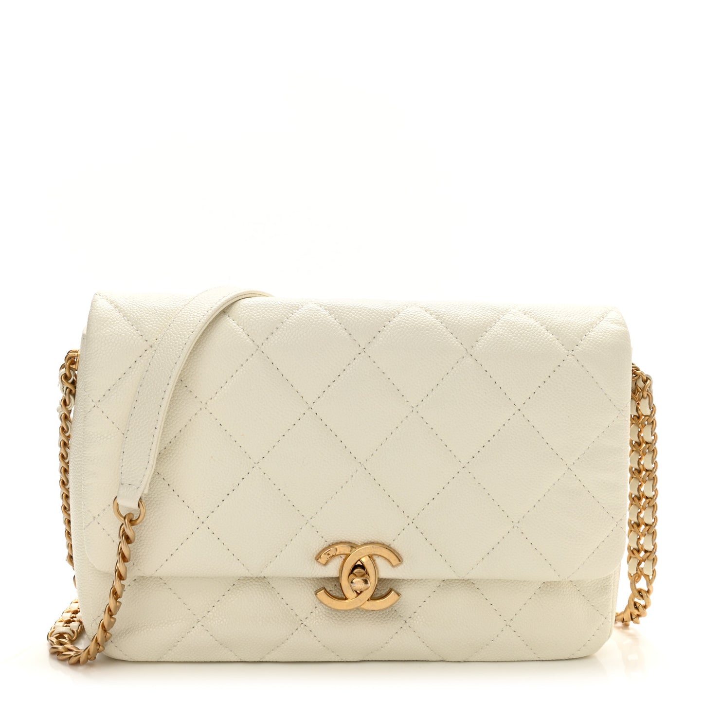 Shiny Caviar Quilted Large Chain Melody Flap White