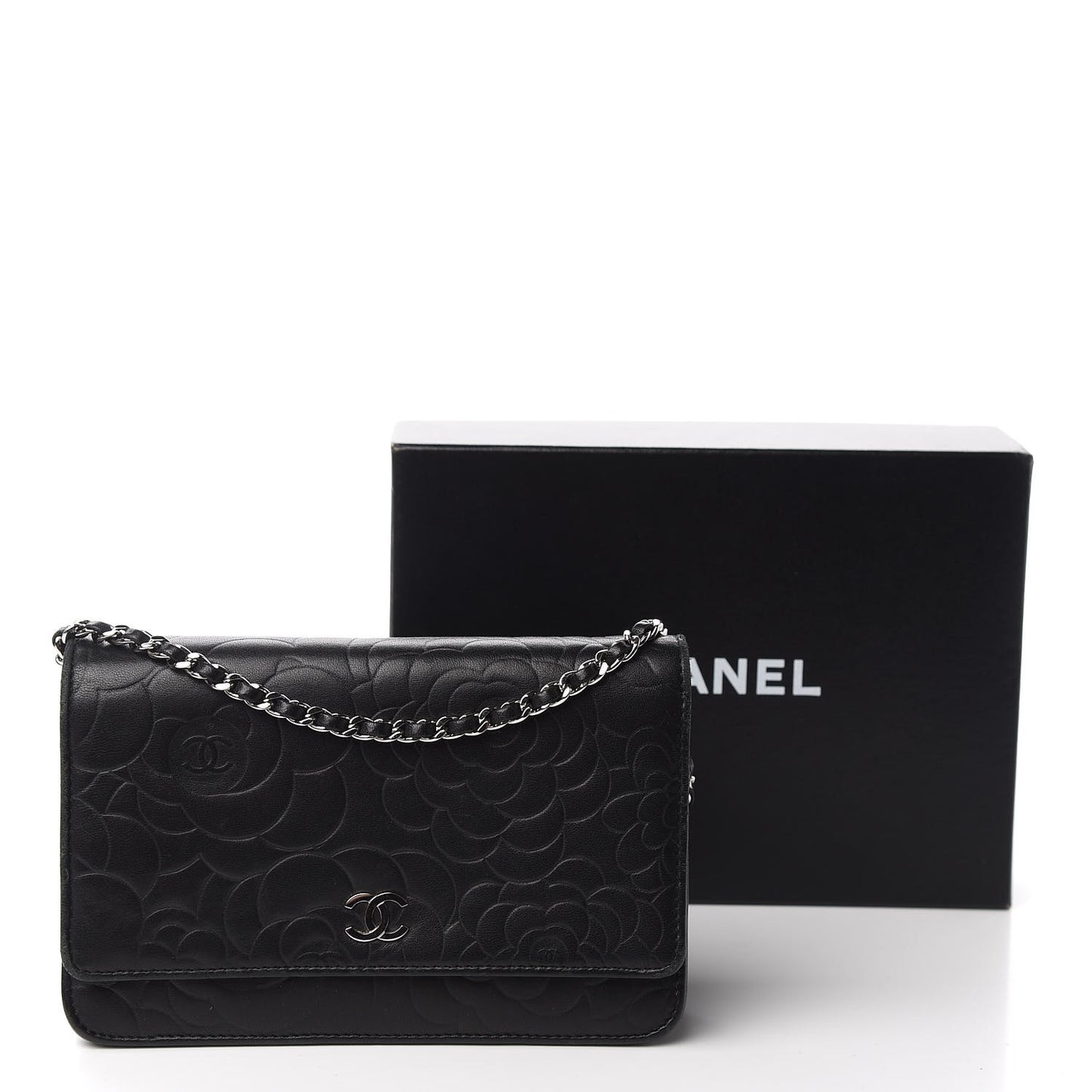 Lambskin Camellia Embossed Wallet on Chain WOC Black