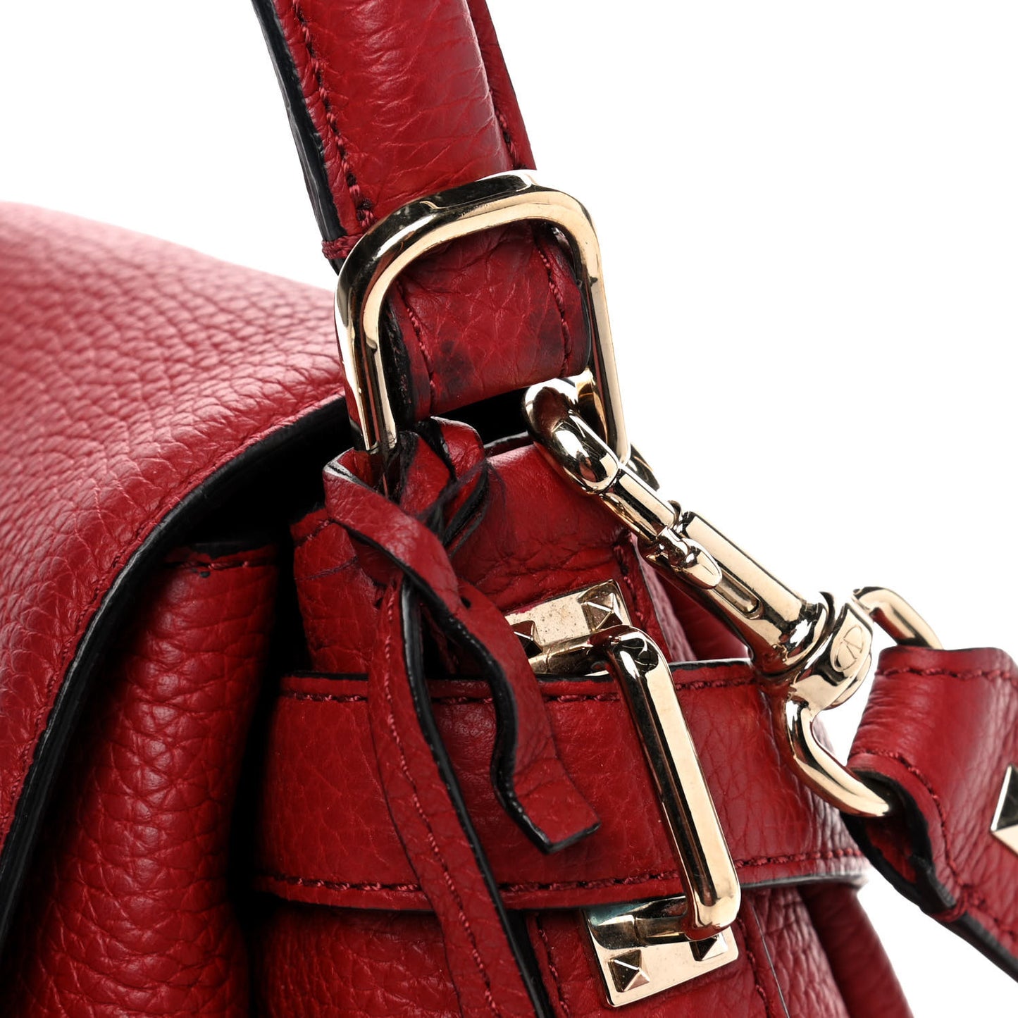 Pebbled Calfskin Rockstud Twiny Top Handle Bag Red