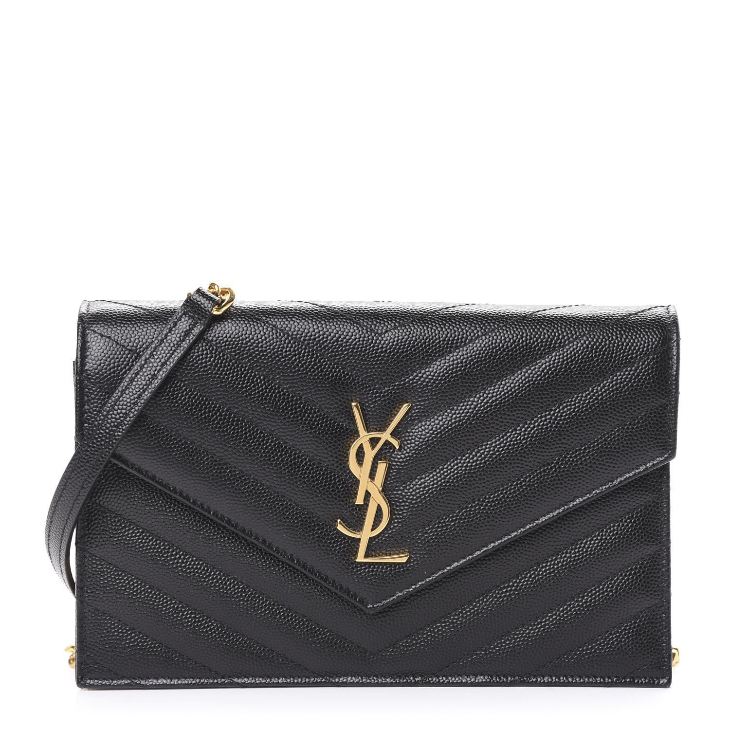 Saint Laurent Grain De Poudre Matelasse Chevron Monogram Envelope Chain Wallet Black 1 of 12