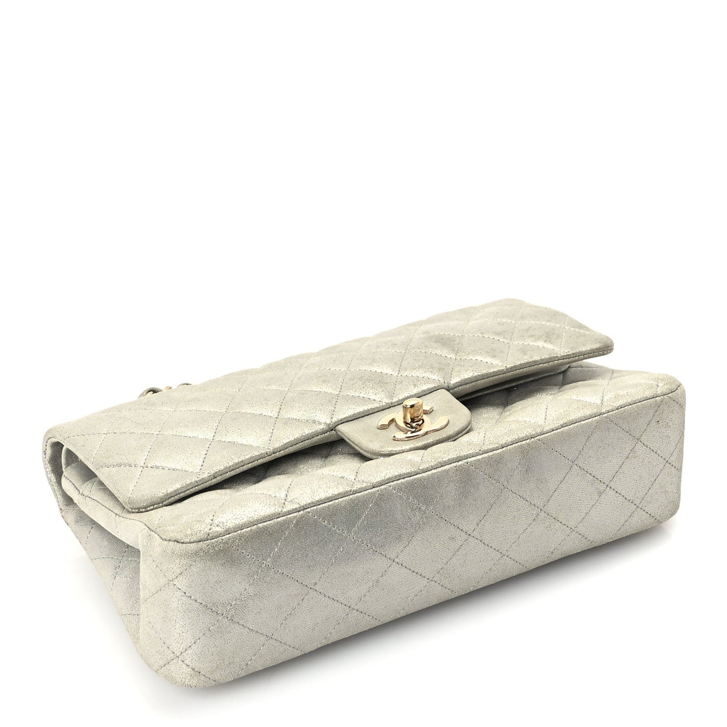 Iridescent Calfskin Quilted Medium Double Flap  Silver